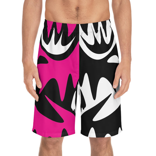 Men's Board Shorts - Vibrant Pink and Black Wave Design