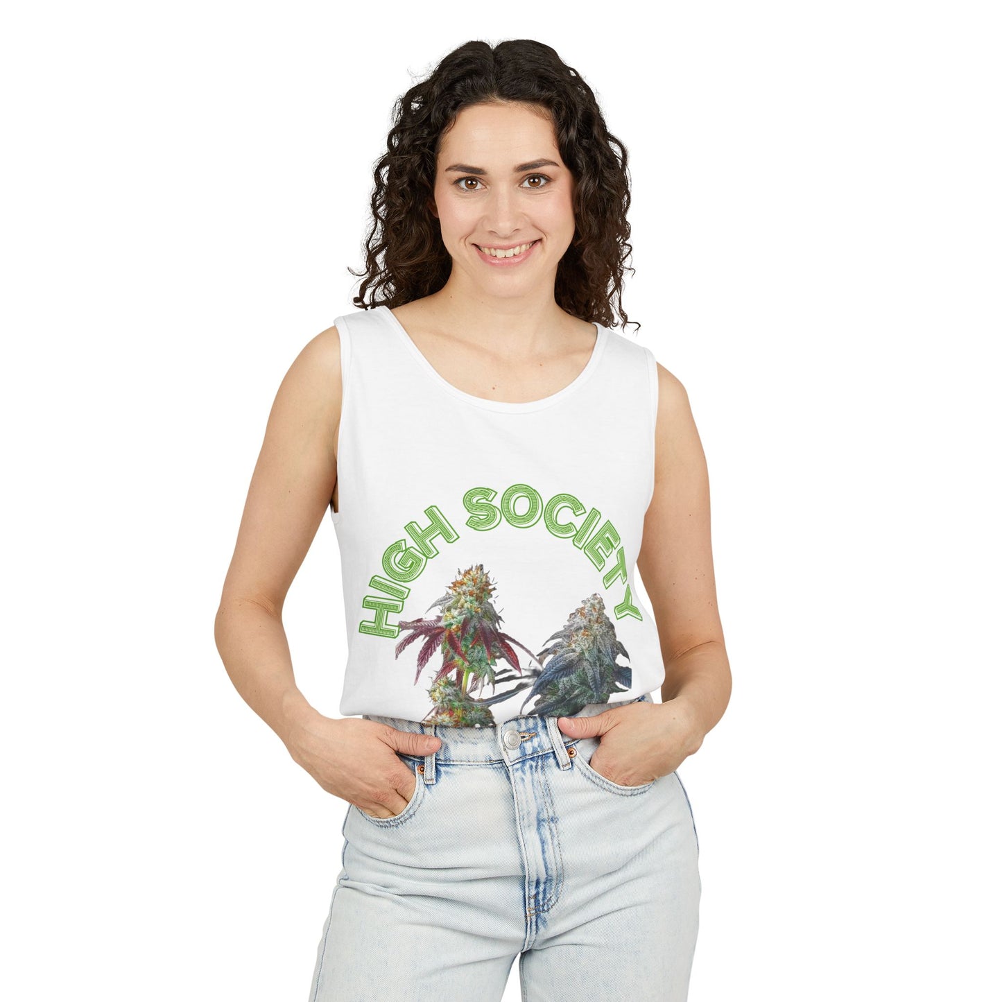 Cannabis High Society Unisex Tank Top - Trendy Apparel for Cannabis Enthusiasts, Summer Parties, Festivals, Gift for Friends