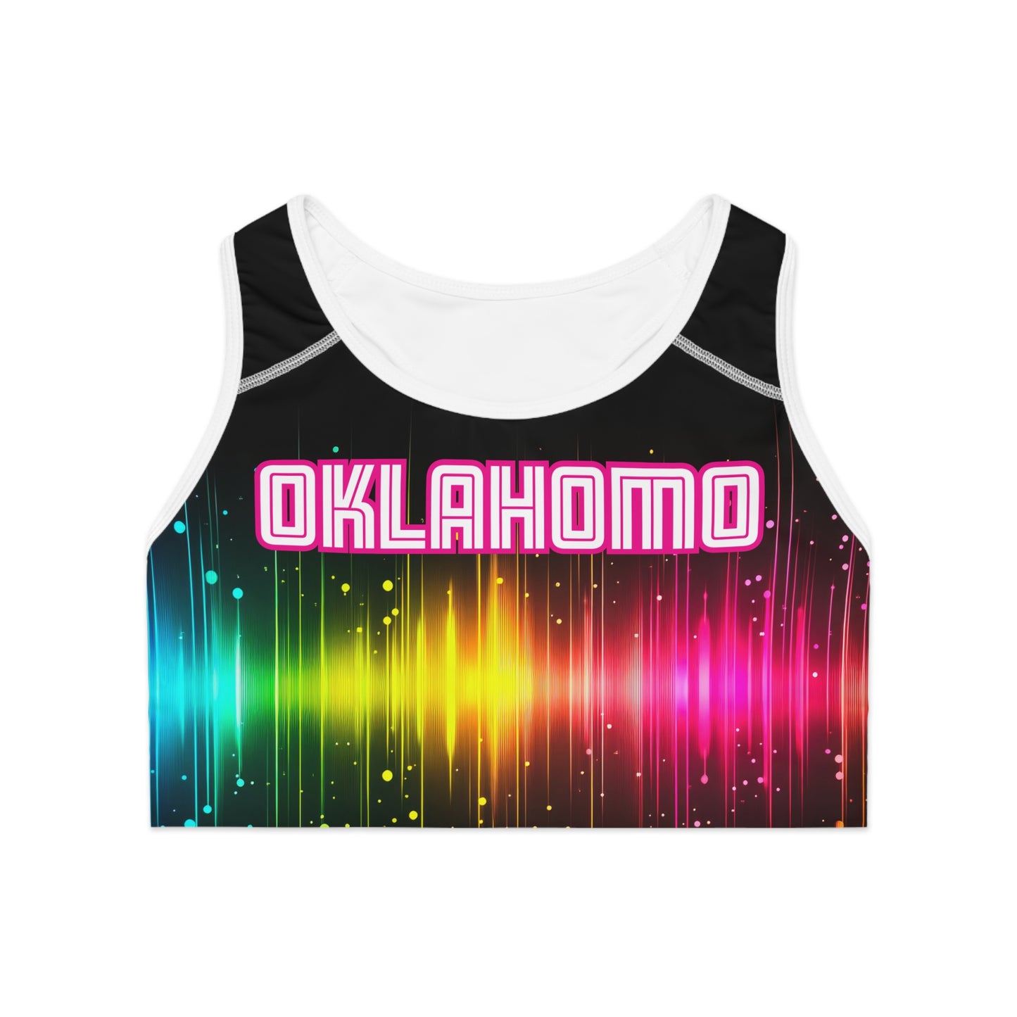 Vibrant Rainbow Sports Bra, OKLAHOMO Print, Activewear for Festivals, Workout Gear, LGBTQ+ Pride Apparel, Gift for Fitness Enthusiasts
