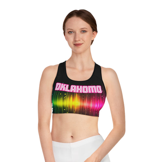 Vibrant Rainbow Sports Bra, OKLAHOMO Print, Activewear for Festivals, Workout Gear, LGBTQ+ Pride Apparel, Gift for Fitness Enthusiasts