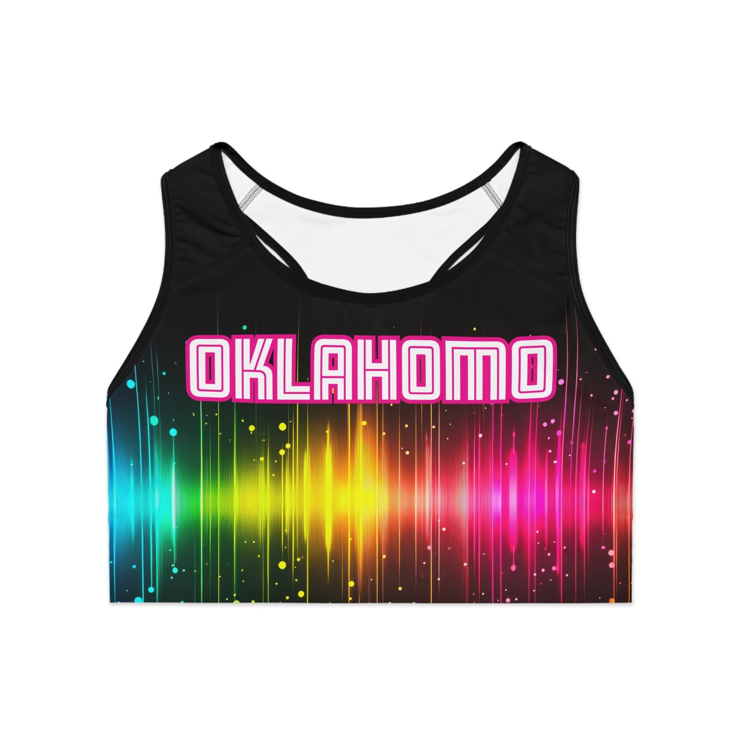 Vibrant Rainbow Sports Bra, OKLAHOMO Print, Activewear for Festivals, Workout Gear, LGBTQ+ Pride Apparel, Gift for Fitness Enthusiasts