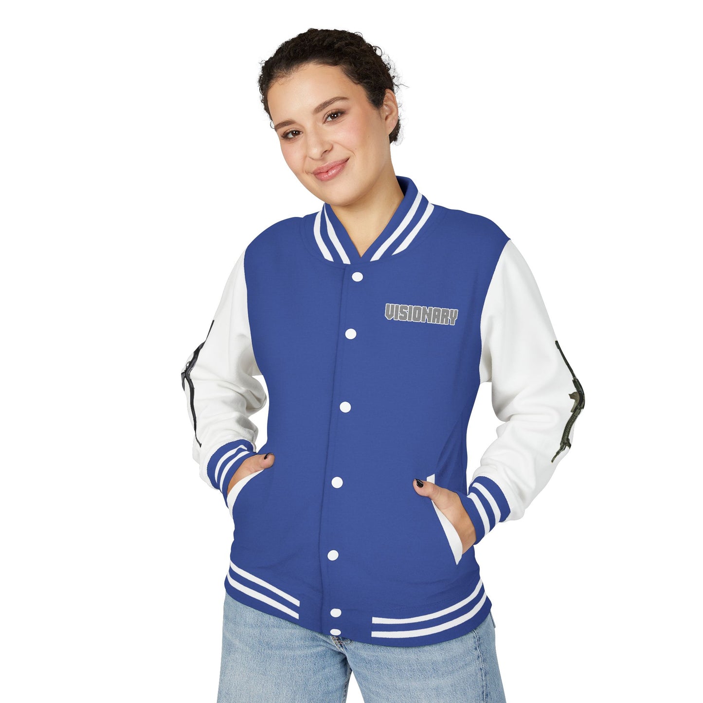 Unisex Heavyweight Letterman Jacket with Visionary Graphic, Casual Fashion, Trendy Outerwear, Unique Gift, Streetwear Style