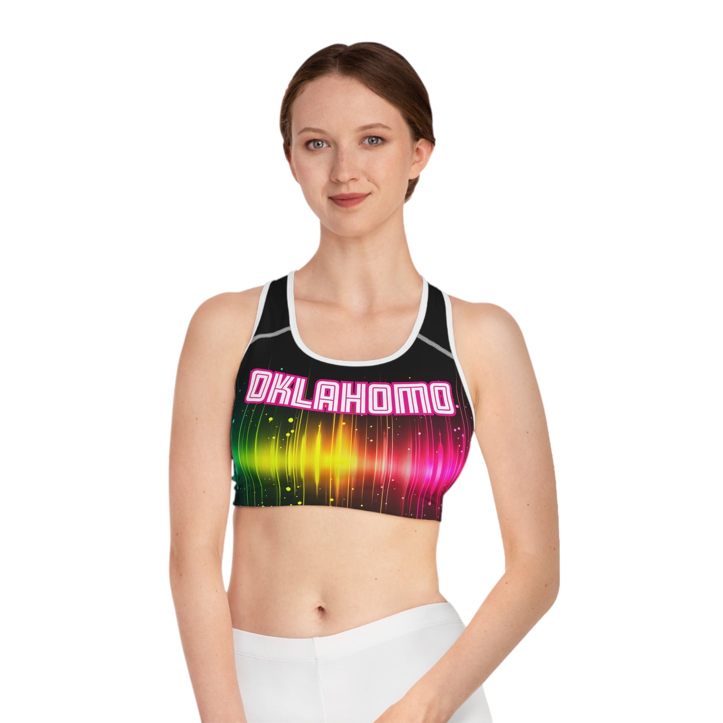 Vibrant Rainbow Sports Bra, OKLAHOMO Print, Activewear for Festivals, Workout Gear, LGBTQ+ Pride Apparel, Gift for Fitness Enthusiasts