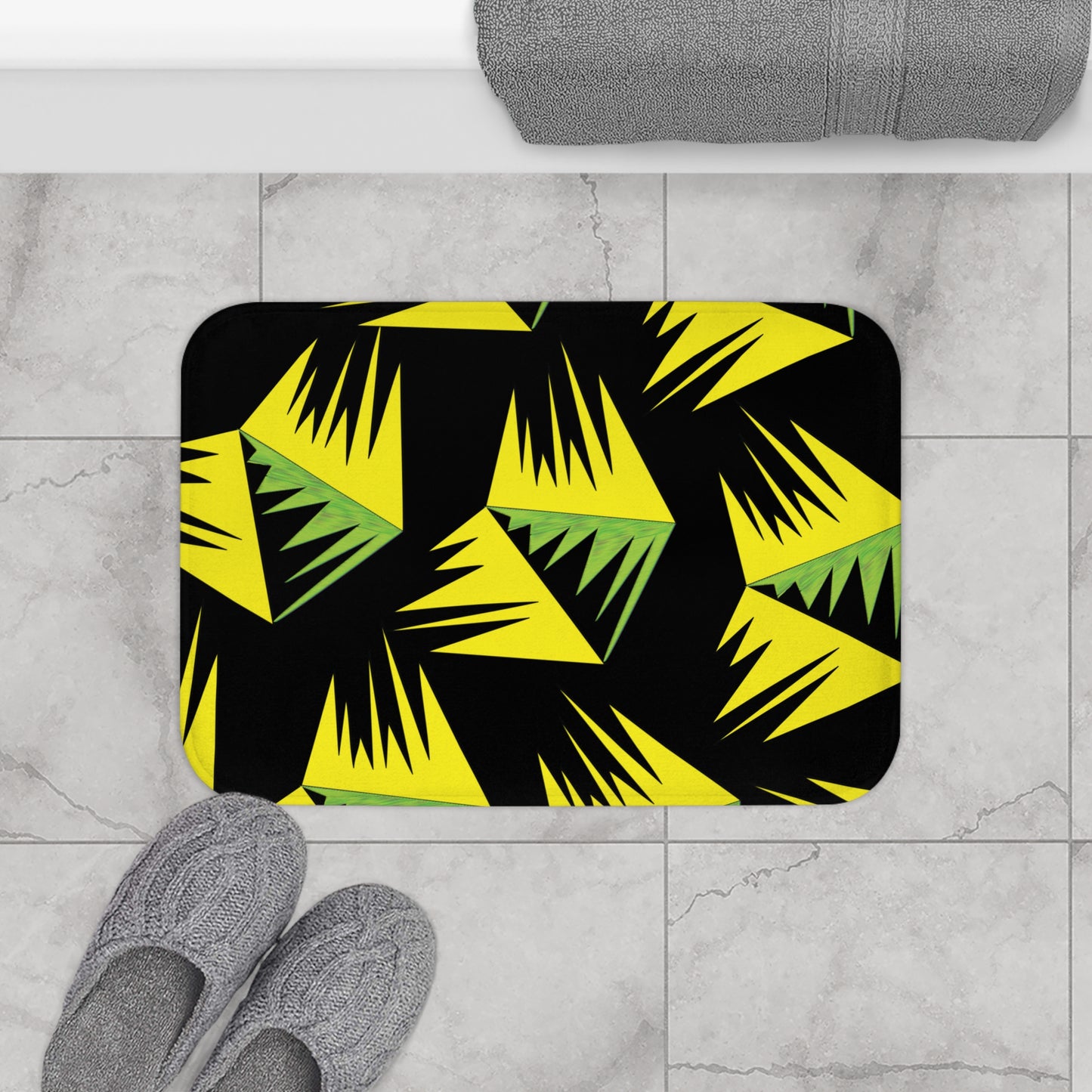 Geometric Jungle Bath Mat - Vibrant Black and Yellow Design for Home Decor