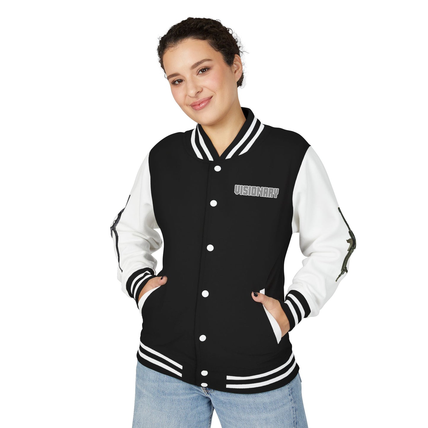 Unisex Heavyweight Letterman Jacket with Visionary Graphic, Casual Fashion, Trendy Outerwear, Unique Gift, Streetwear Style