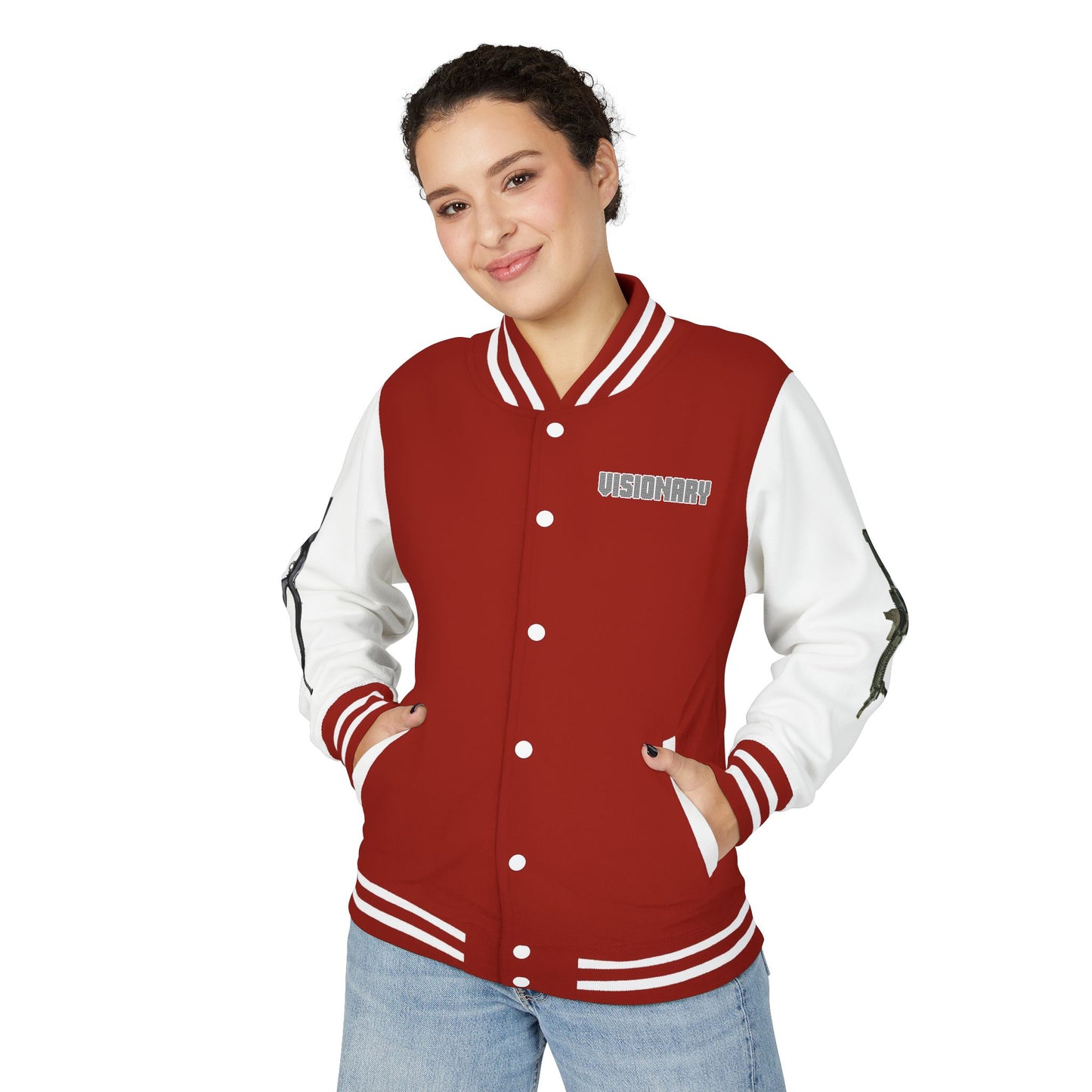 Unisex Heavyweight Letterman Jacket with Visionary Graphic, Casual Fashion, Trendy Outerwear, Unique Gift, Streetwear Style