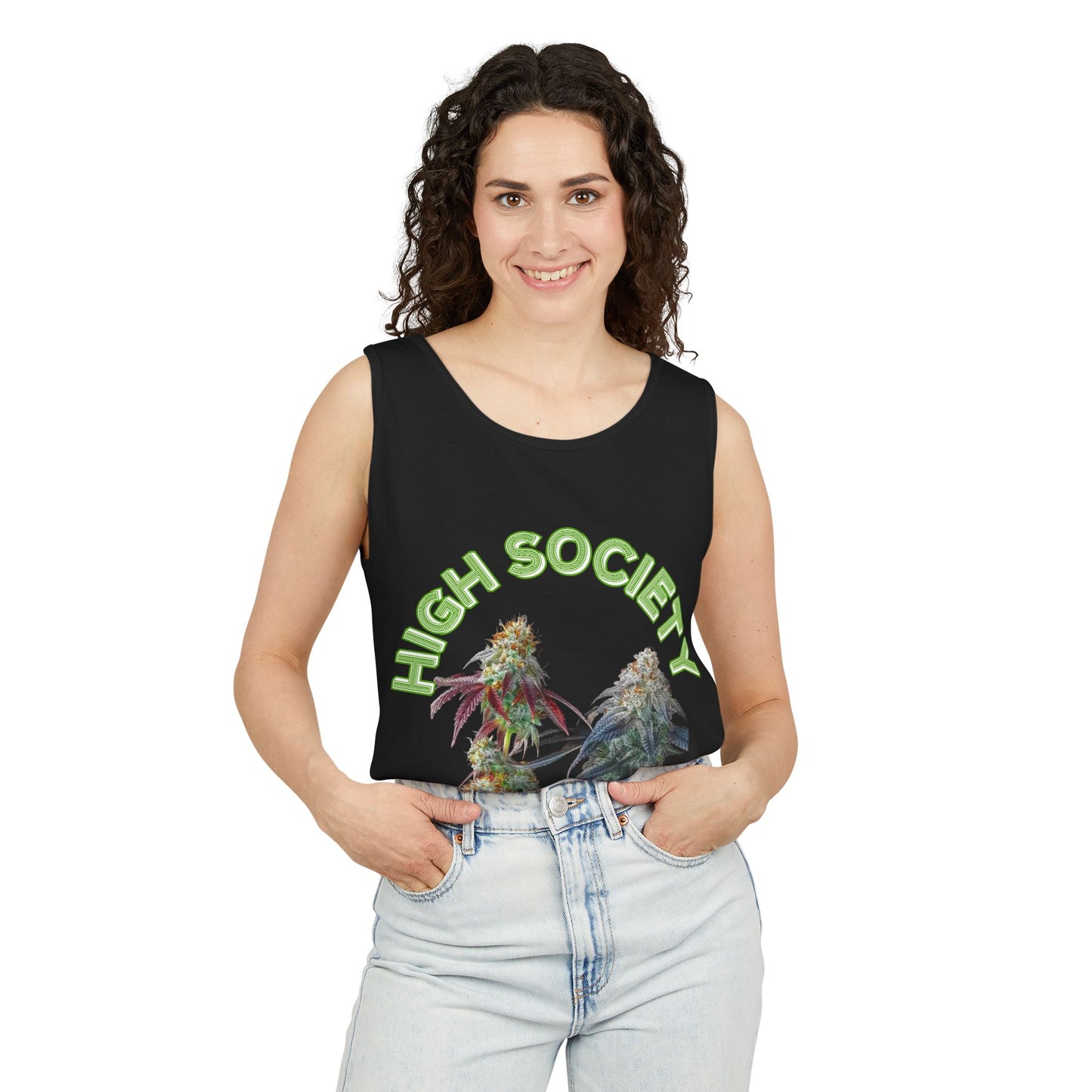 Cannabis High Society Unisex Tank Top - Trendy Apparel for Cannabis Enthusiasts, Summer Parties, Festivals, Gift for Friends