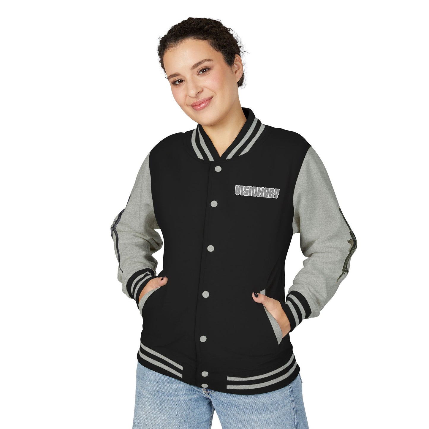 Unisex Heavyweight Letterman Jacket with Visionary Graphic, Casual Fashion, Trendy Outerwear, Unique Gift, Streetwear Style
