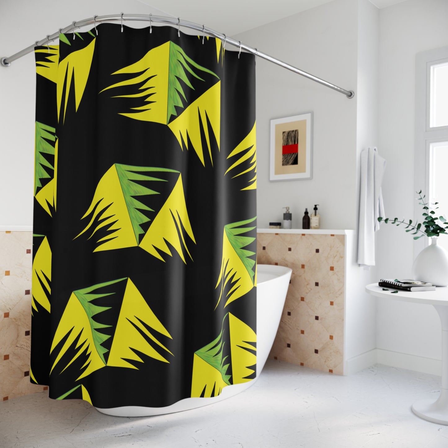Tropical Vibe Shower Curtain with Bold Green and Yellow Design