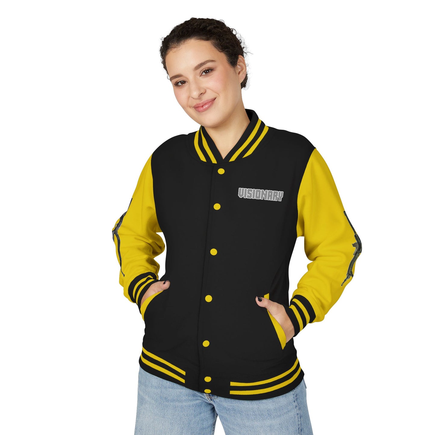 Unisex Heavyweight Letterman Jacket with Visionary Graphic, Casual Fashion, Trendy Outerwear, Unique Gift, Streetwear Style