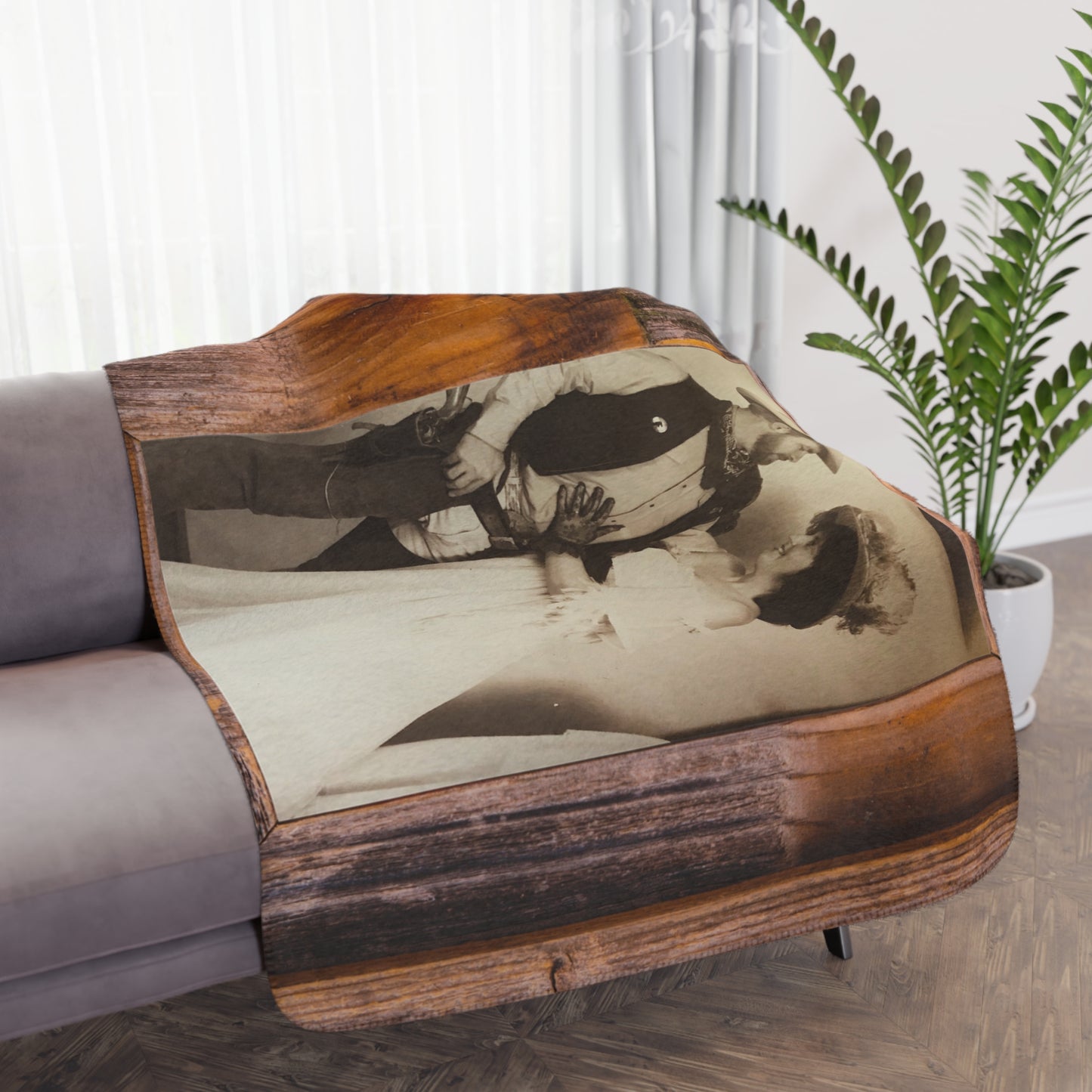 Vintage Western Photo Sherpa Blanket — Tan Cozy Throw with Rustic Wood Frame Design