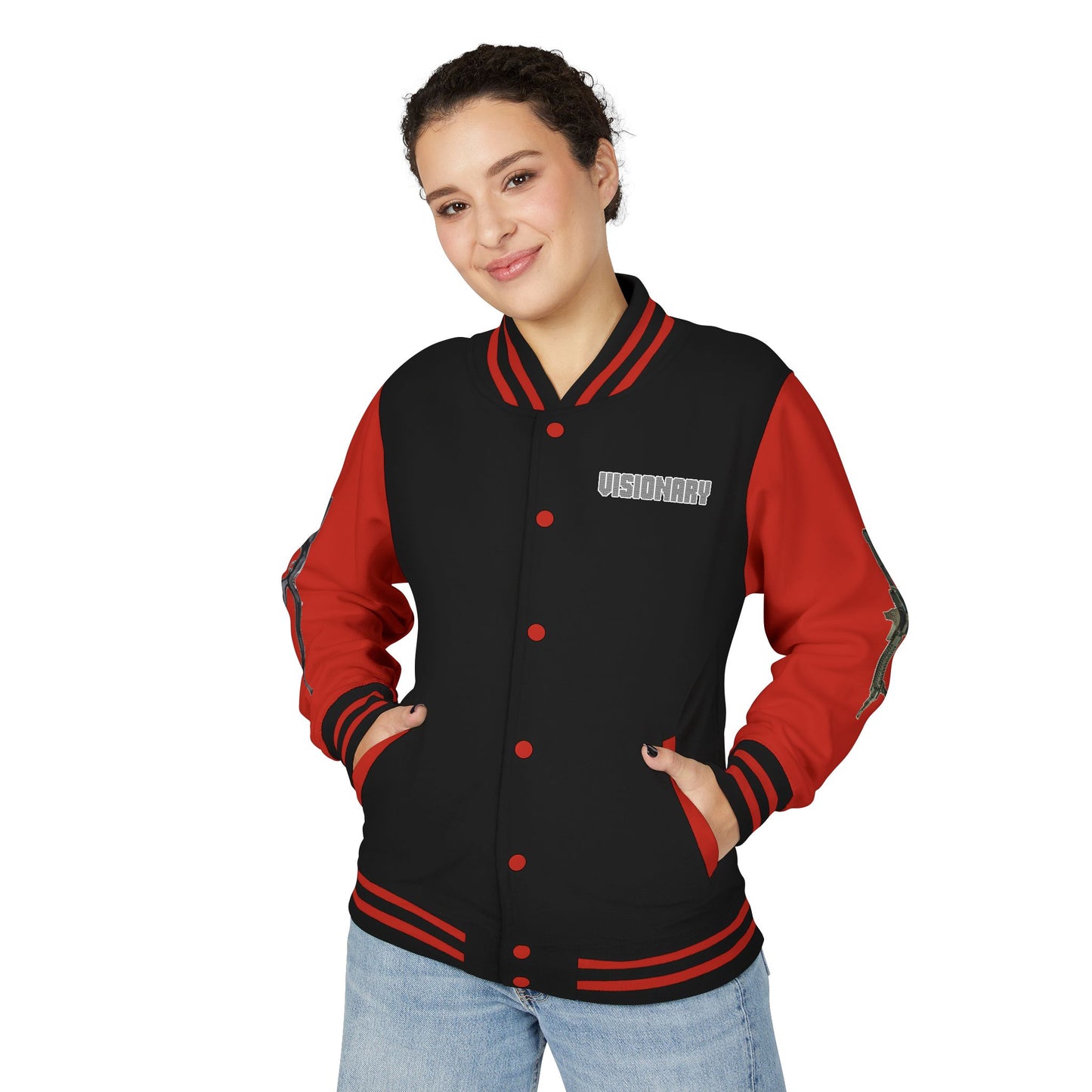 Unisex Heavyweight Letterman Jacket with Visionary Graphic, Casual Fashion, Trendy Outerwear, Unique Gift, Streetwear Style