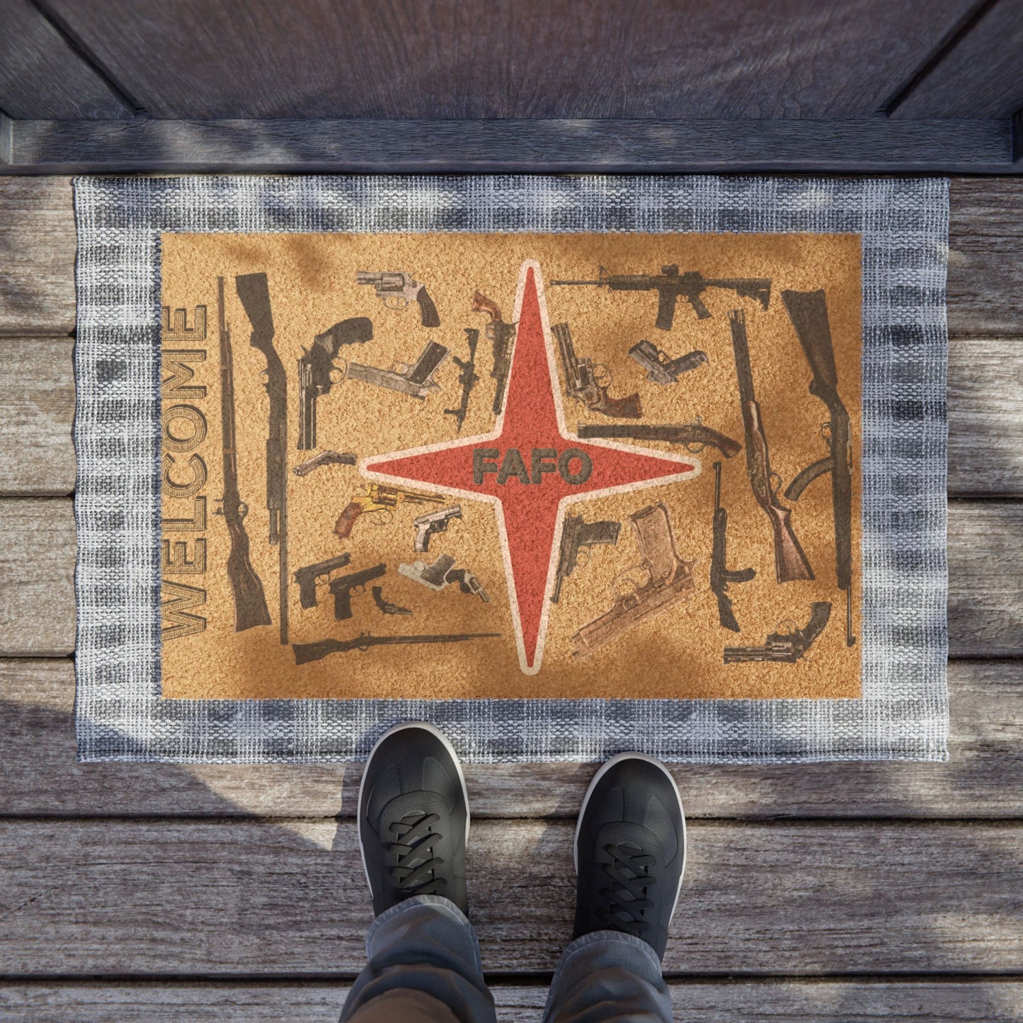 Gun-Themed Doormat, Unique Entrance Mat for Gun Enthusiasts, Home Décor, Outdoor Welcome Mat, Funny Gift Idea
