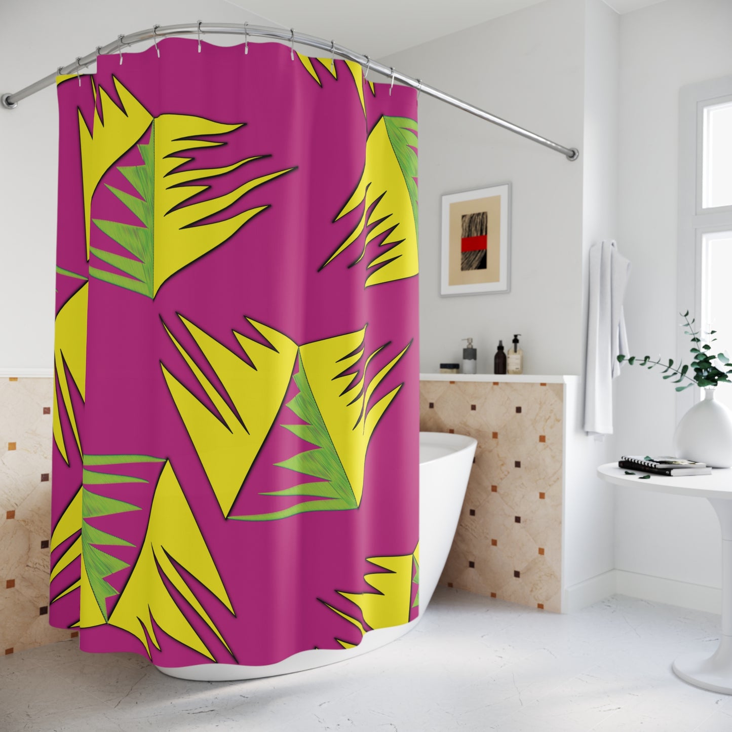 Vibrant Geometric Shower Curtain - Modern Tropical Design for Stylish Bathrooms